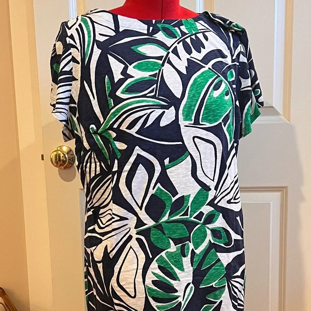 NWT Talbots Nantucket Slub Short Sleeve Shift Dress - Expressive Palms Womens 2X - Picture 2 of 6